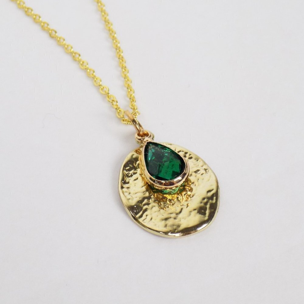 new! emerald green teardrop crystal gold coin pendant layering necklace